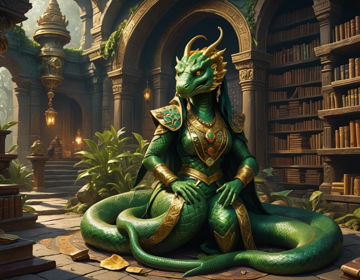 Vibrant Female Green Naga in Golden Indian Attire with Burro...