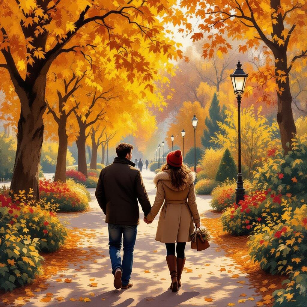 Romantic Autumn Stroll: Impressionist-Inspired Park Scene