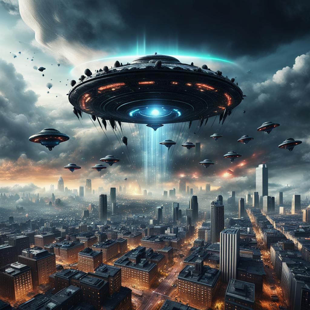 Fantastical Black Triangle UFO Invasion in Vibrant Deep Colo...