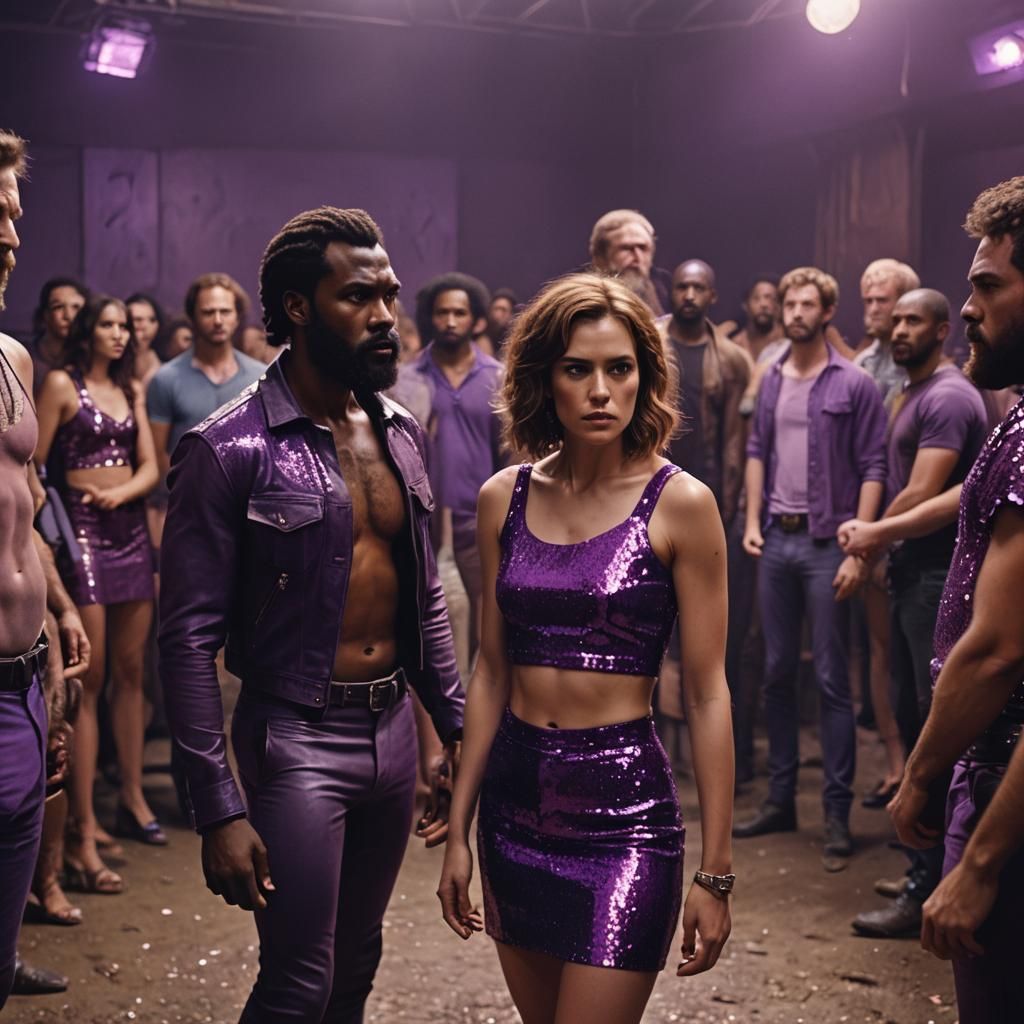 Moody Woman Surrounded by Men in a Vibrant, Film-Noir Inspir...