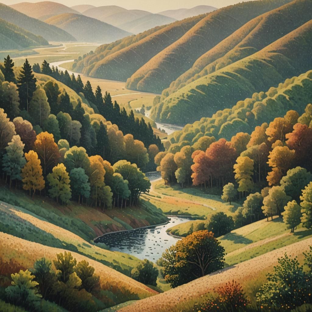 Dreamy Seurat-Inspired Landscape in Warm Golden Hour Light