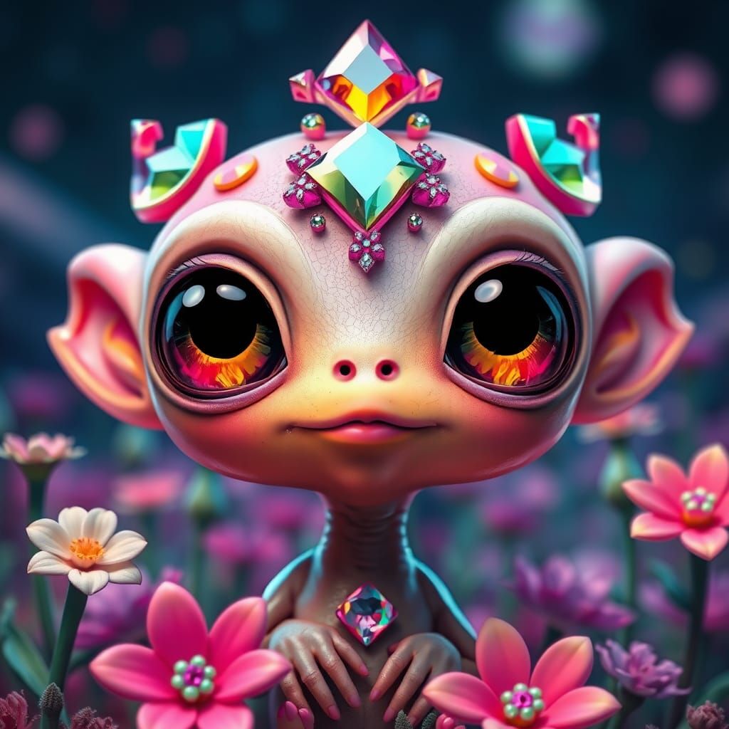 Whimsical Alien Girl in a Vibrant, Glittering Landscape