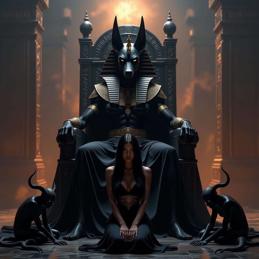 Anubis on Throne with Woman and Demons, Dark Fantasy Art