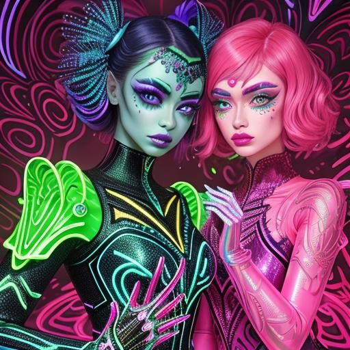 Couple in Vibrant Latex Neon Attire, Embodying Love
