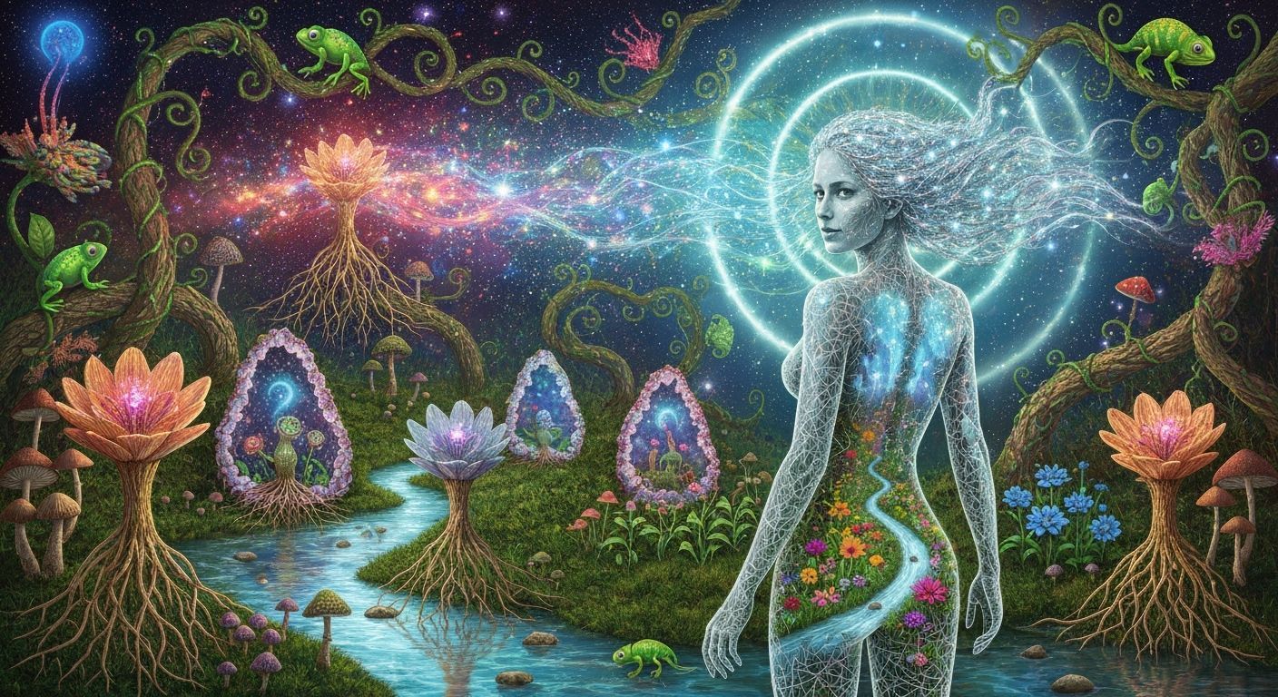Cosmic Woman in Surreal Garden, Psychedelic Eco-Art Style