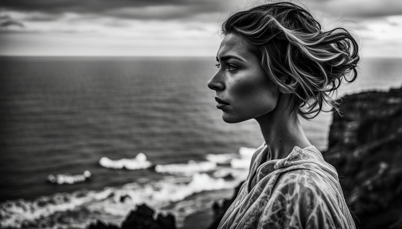 Woman at Cliff's Edge in Flaming Art Nouveau Ocean