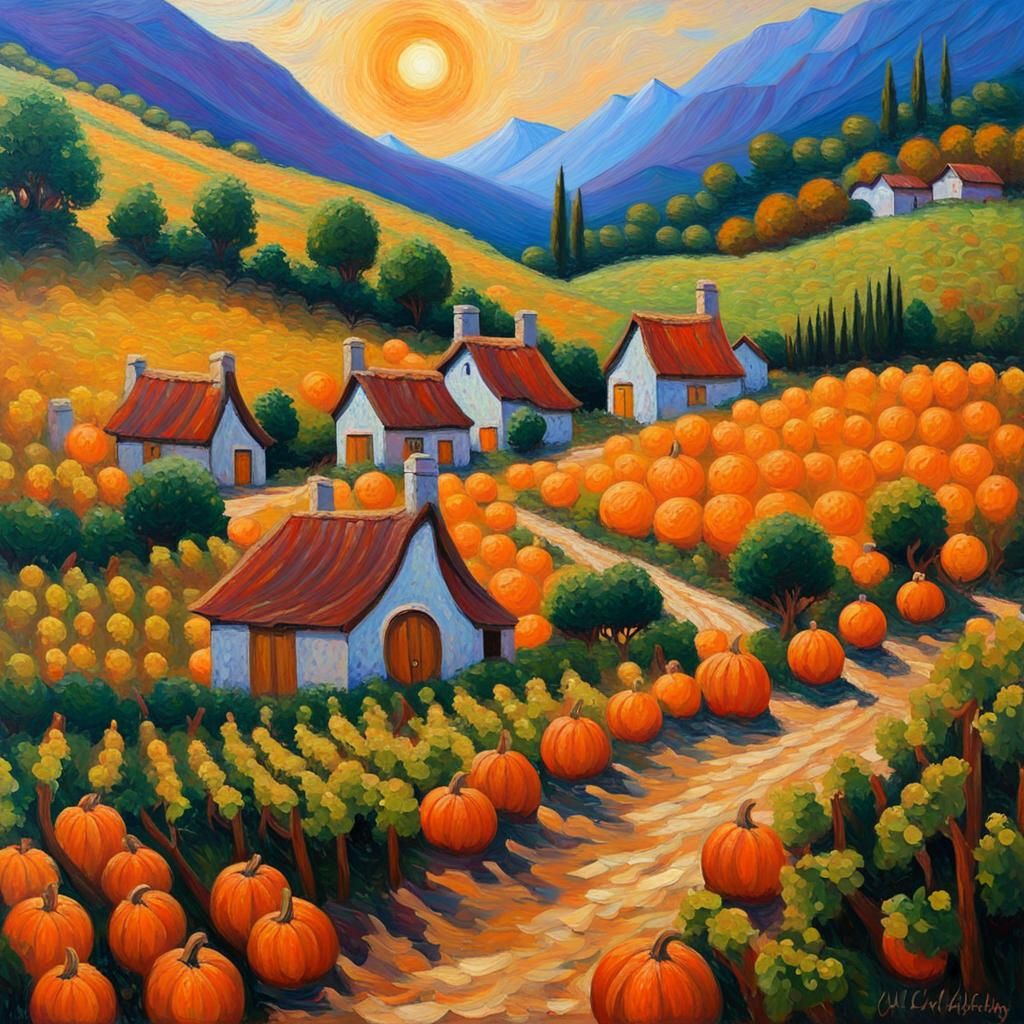 Hobbit Harvest Scene in Vibrant Neo-Impressionist Style