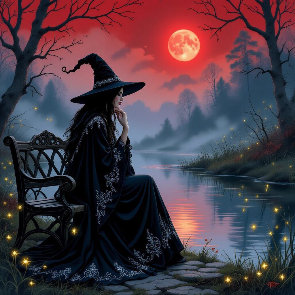 Whimsical Witch by Pond Under Red Moon