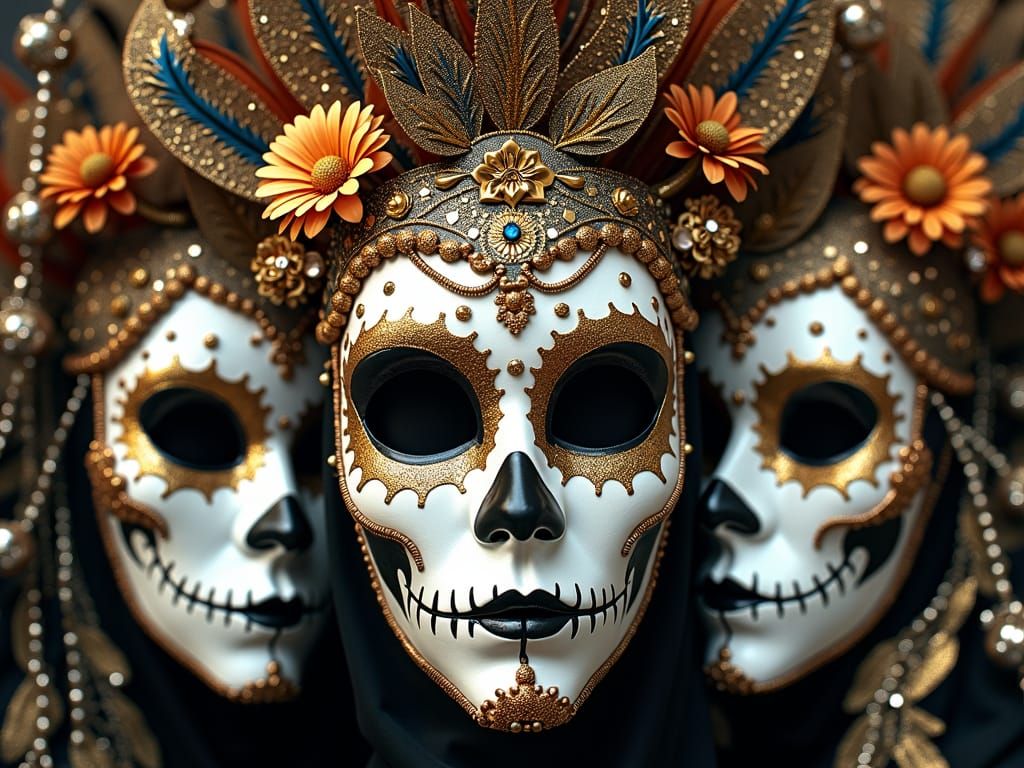 Ethereal Bohemian Portrait of Dia de los Muertos Carnival Ma...
