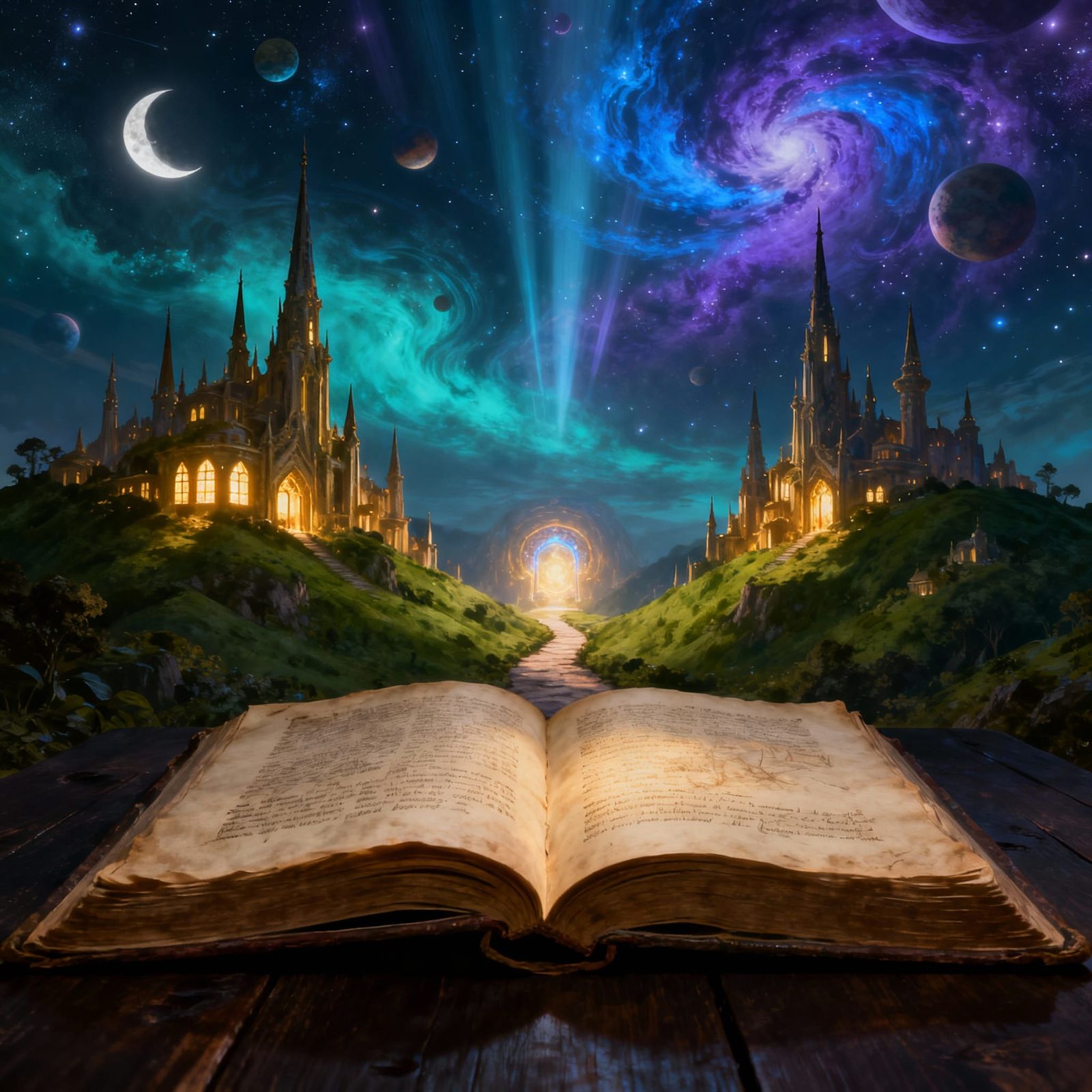 Open Book Reveals Cosmic Cityscape with Glowing Portal