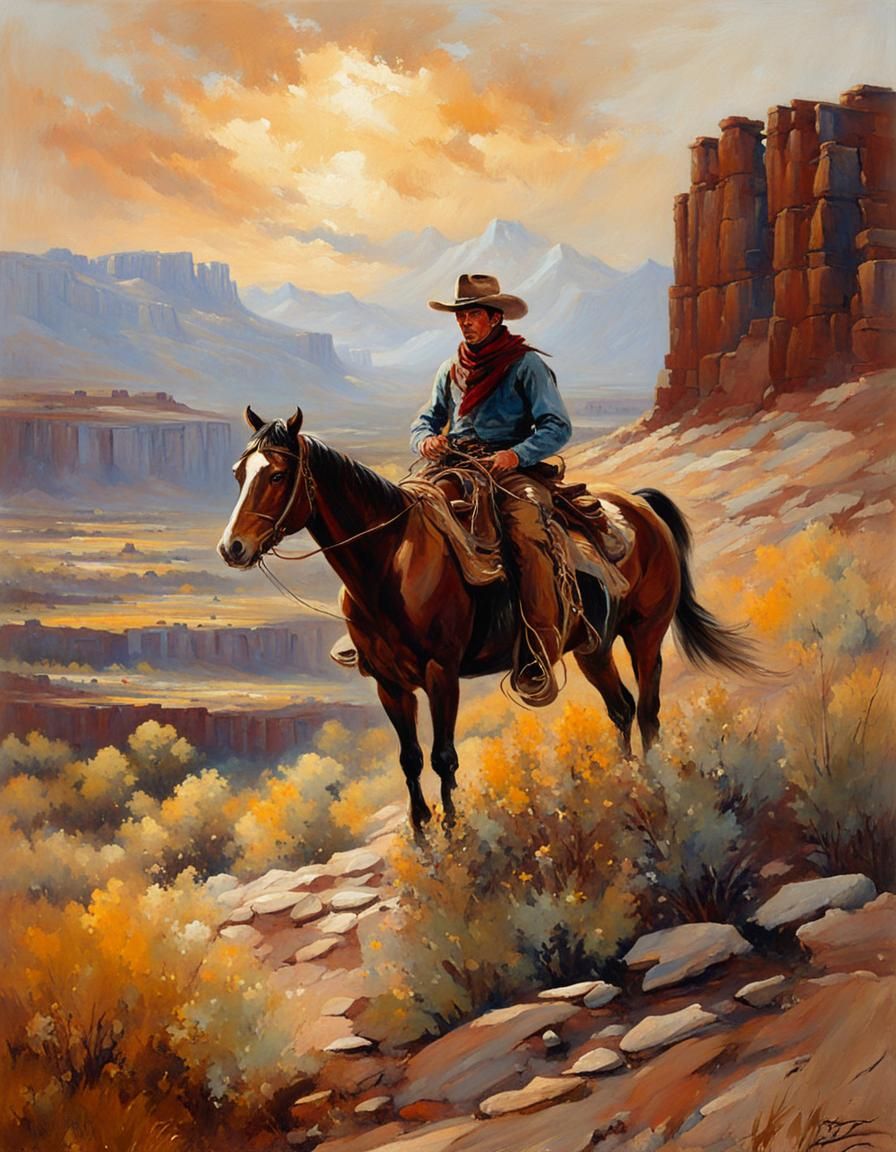 Cowboy in Intense Gaze, Oil Painting in the Style of Russell
