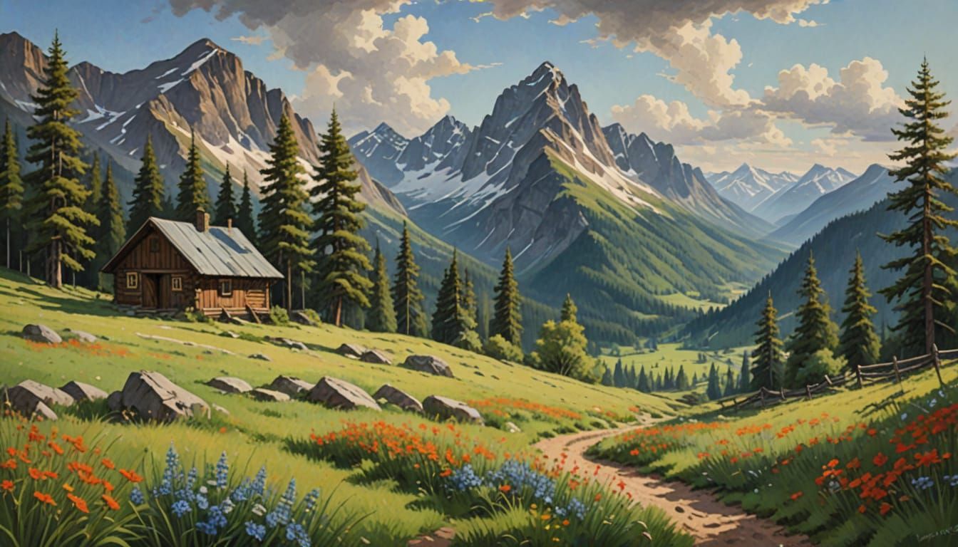 Idyllic Mountain Valley Scene in Impressionist Style