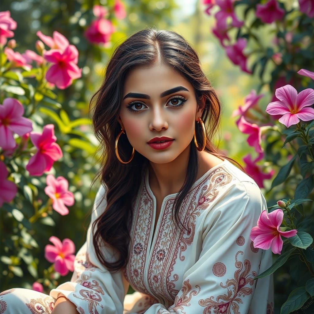Iranian Woman in Garden, Hyperrealistic Oil Painting