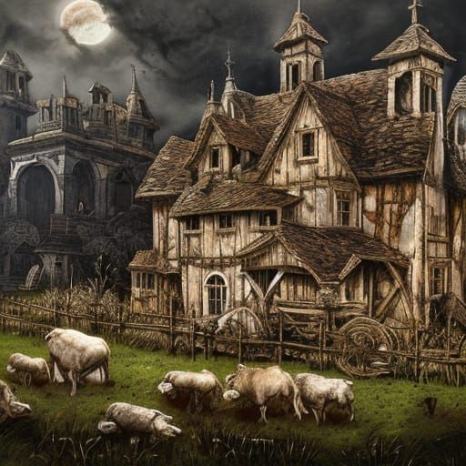 Gothic Farmhouse with Giant Farm Animals in Hyperdetailed Ma...
