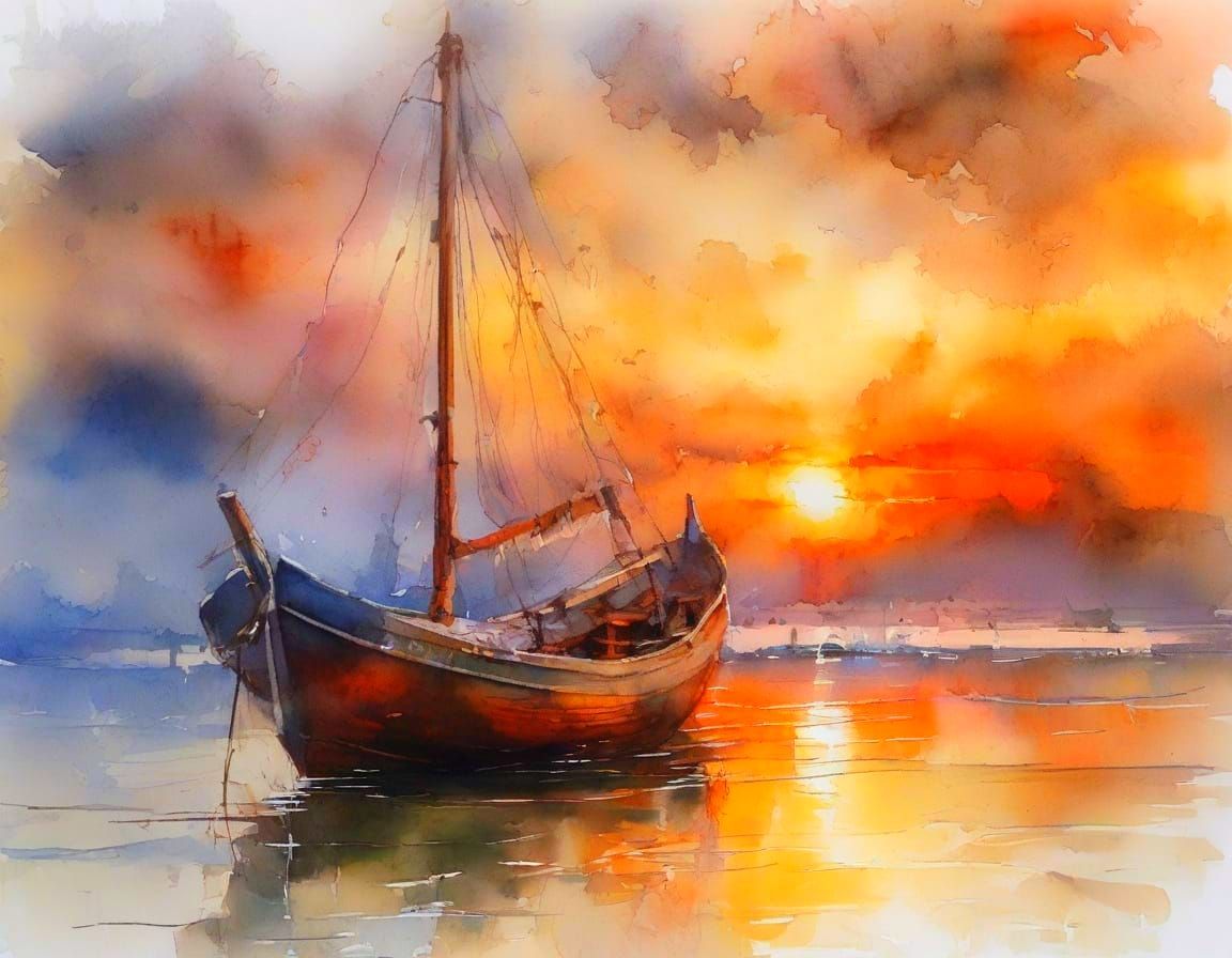 Neo-Impressionist Harbour Sunset Oil Painting