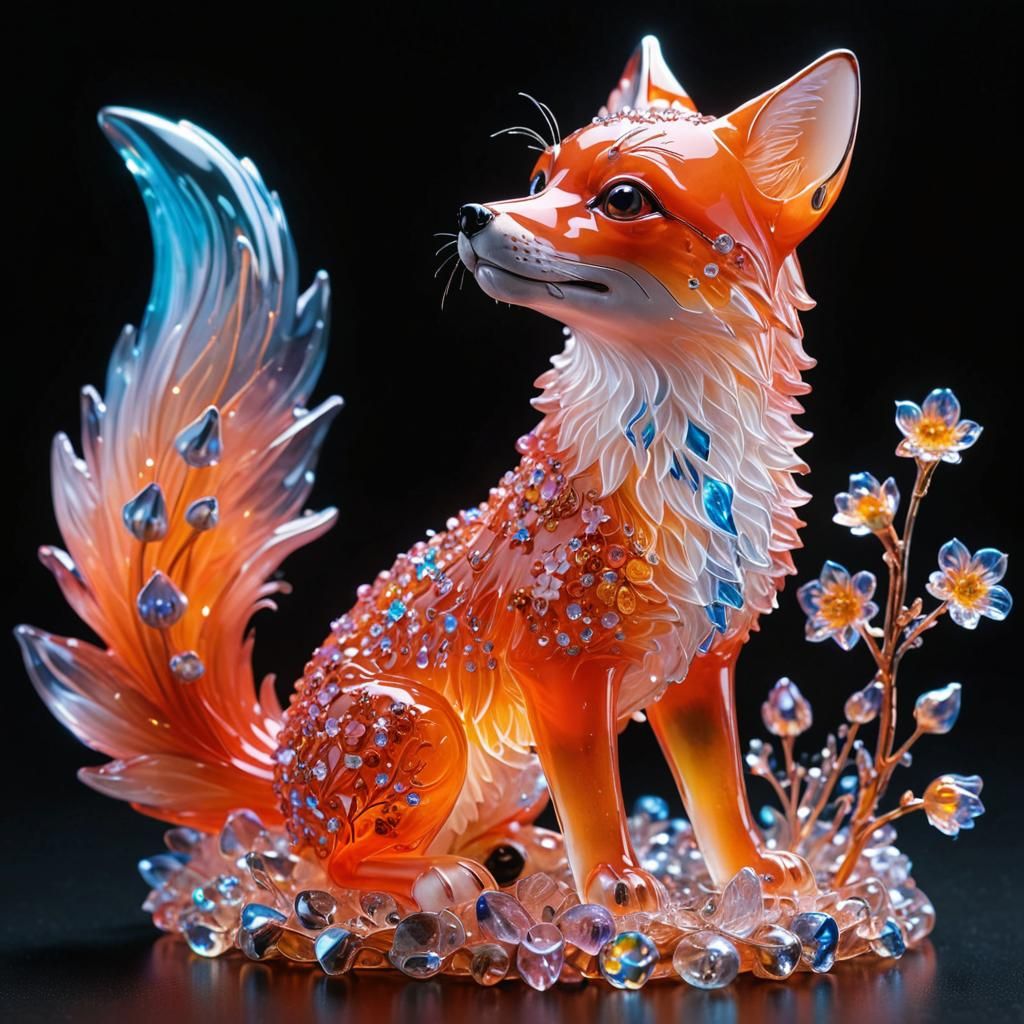 Crystal Glass Baby Fox Sculpture in Magical Biopunk Style