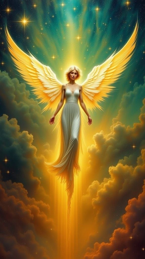 Majestic Angel Descends from Cosmic Nebula in Painterly Styl...