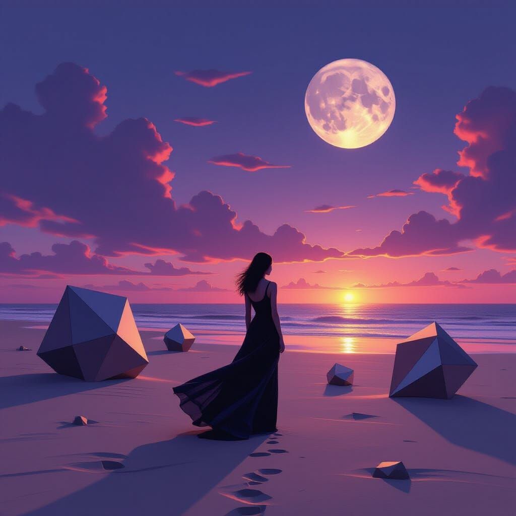 Woman on Surreal Beach with Geometric Sculptures