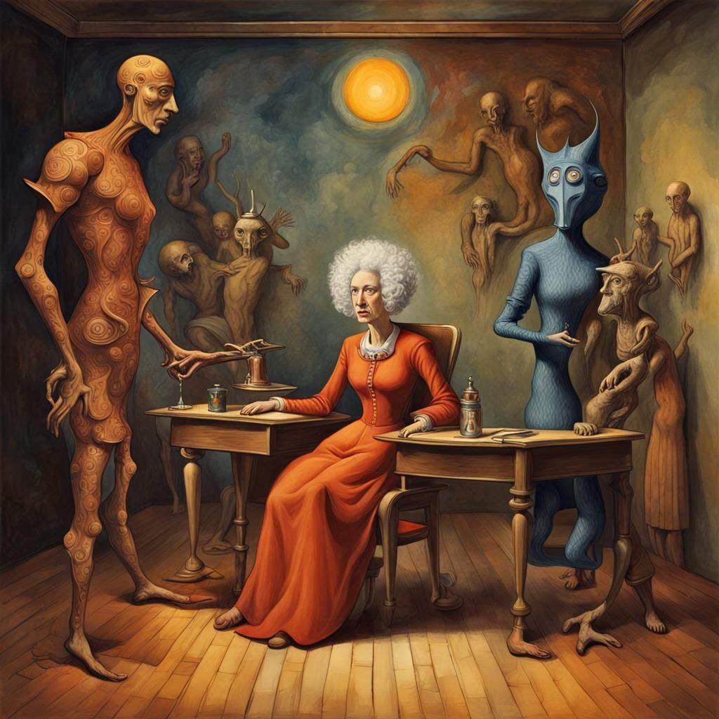 Surrealistic Dark Fantasy Scene with Warm Colors and Intrica...