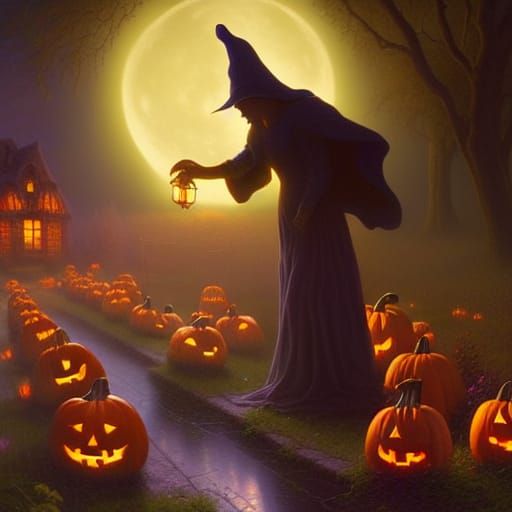 Spooky Figure in Whimsical Pumpkin Patch