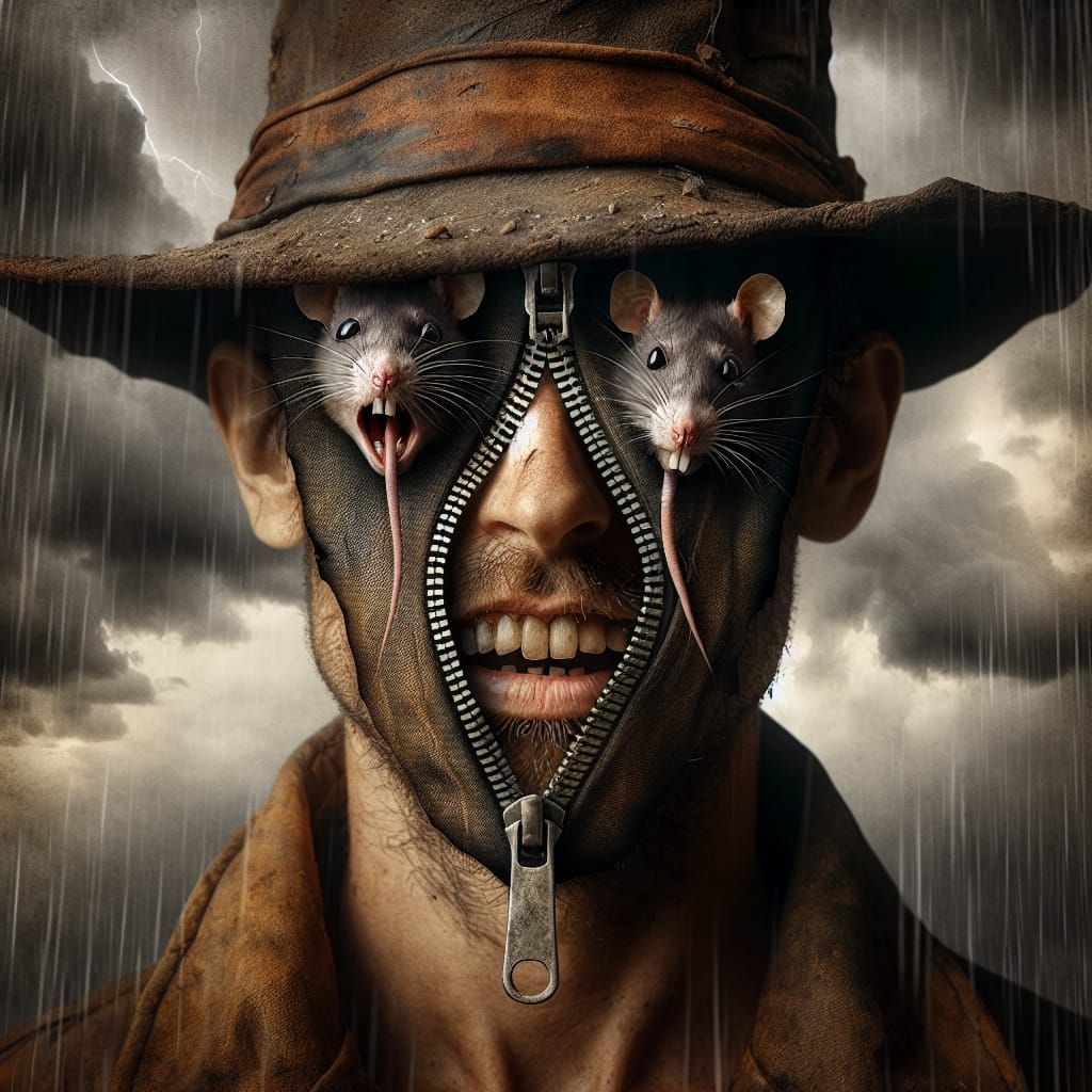 Surreal Portrait of Man's Face with Rats Emerging from Zippe...