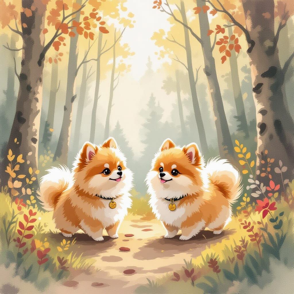 Lost Pomeranians in Misty Forest, Watercolor Illustration