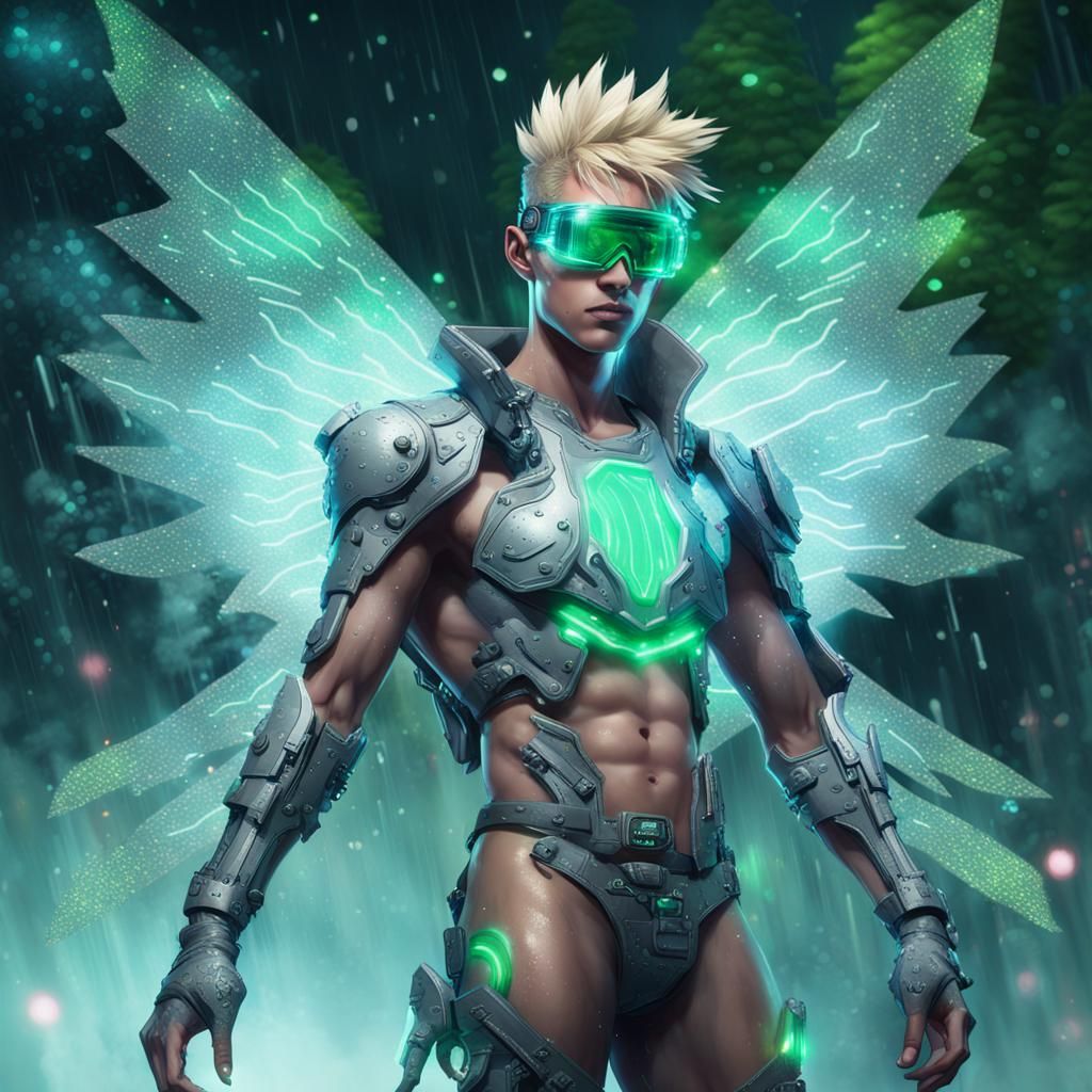 Cyberpunk Fairy Warrior in Glitching Forest