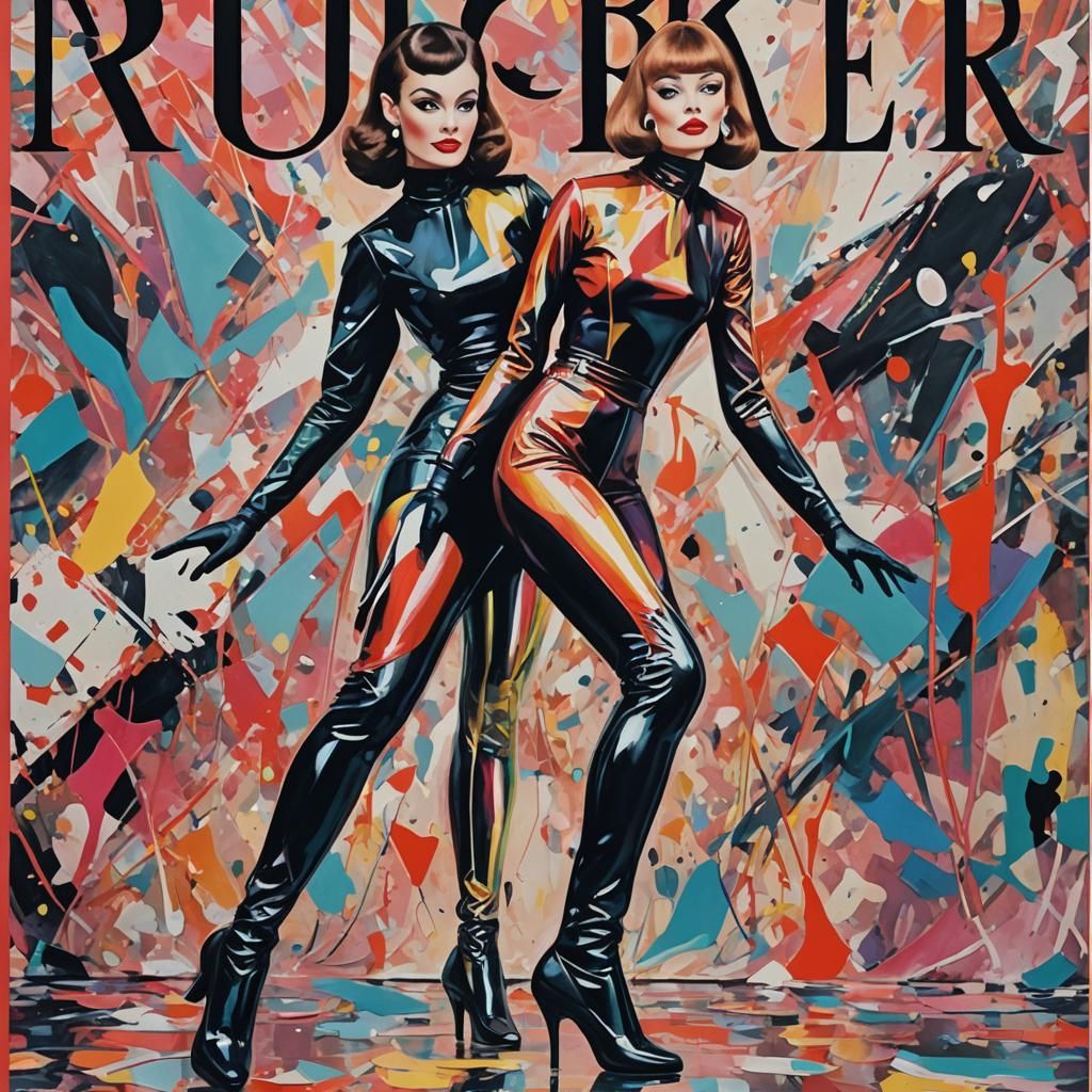 Sultry Rubber Goddess in Latex and Heels, Abstract Art Style