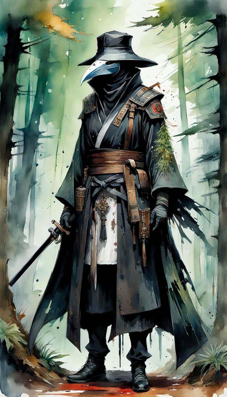 Elegant Ninja Plague Doctor in Vibrant Watercolor Manga Styl...