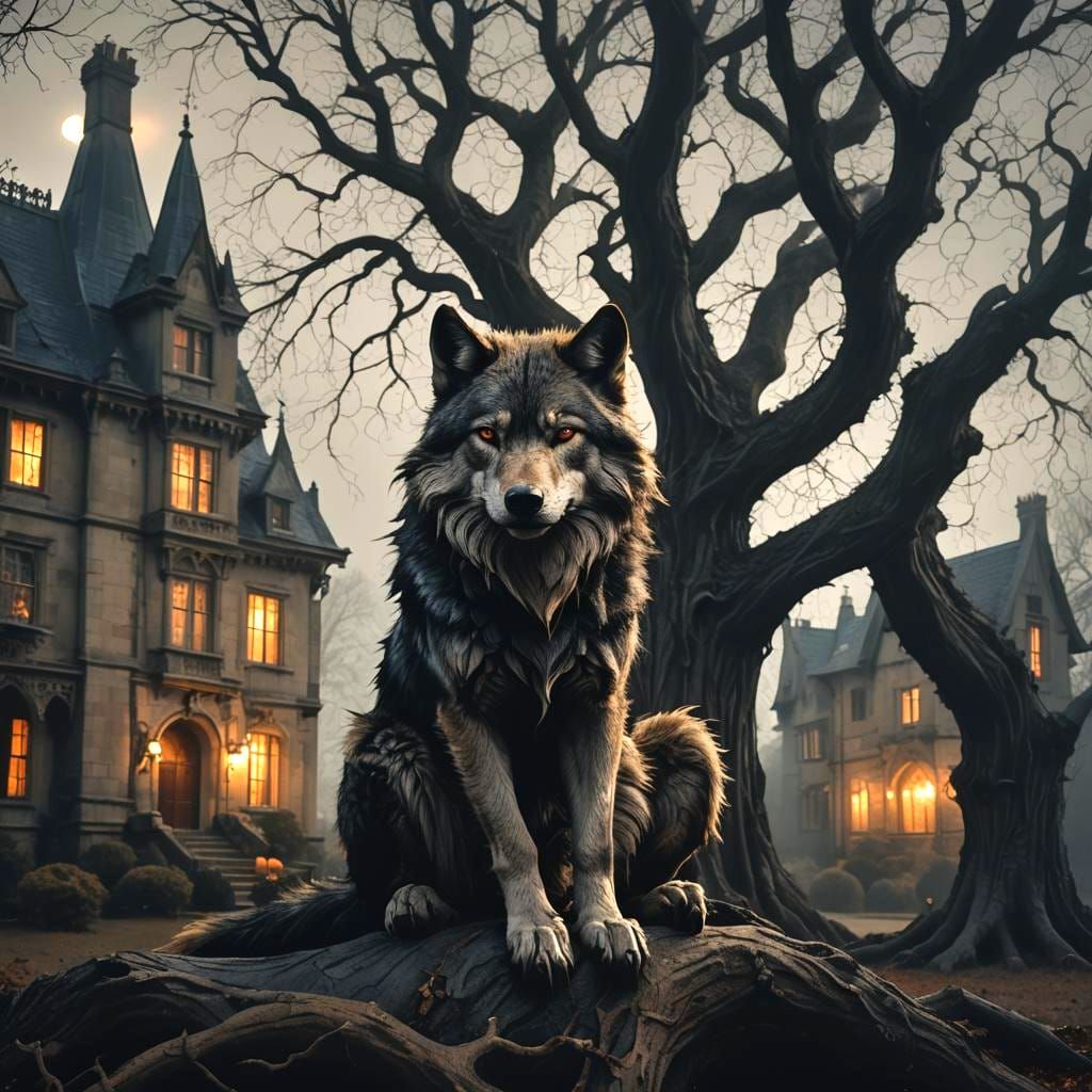 Gothic Wolf Seeks Affection by the Abandoned Mansion at Suns...