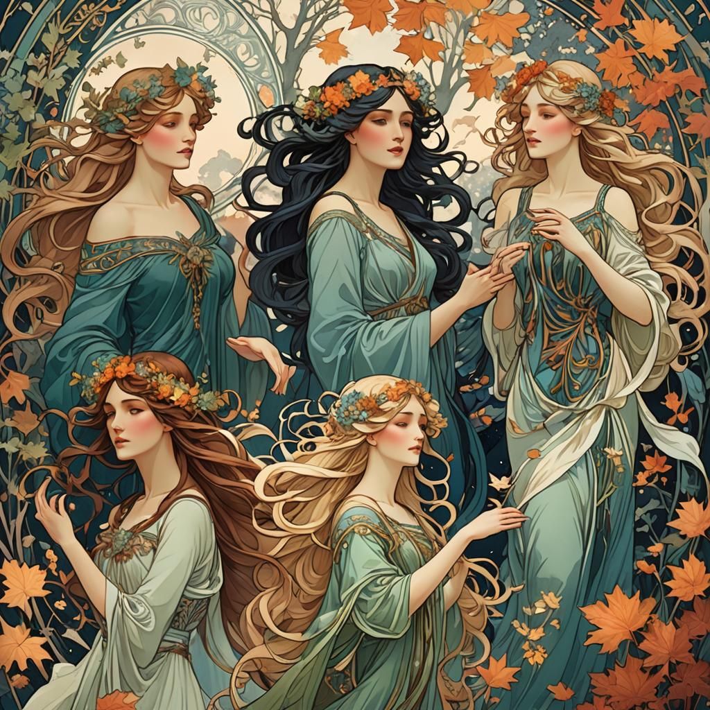 Four Seasons Goddesses in Whimsical Art Nouveau Style