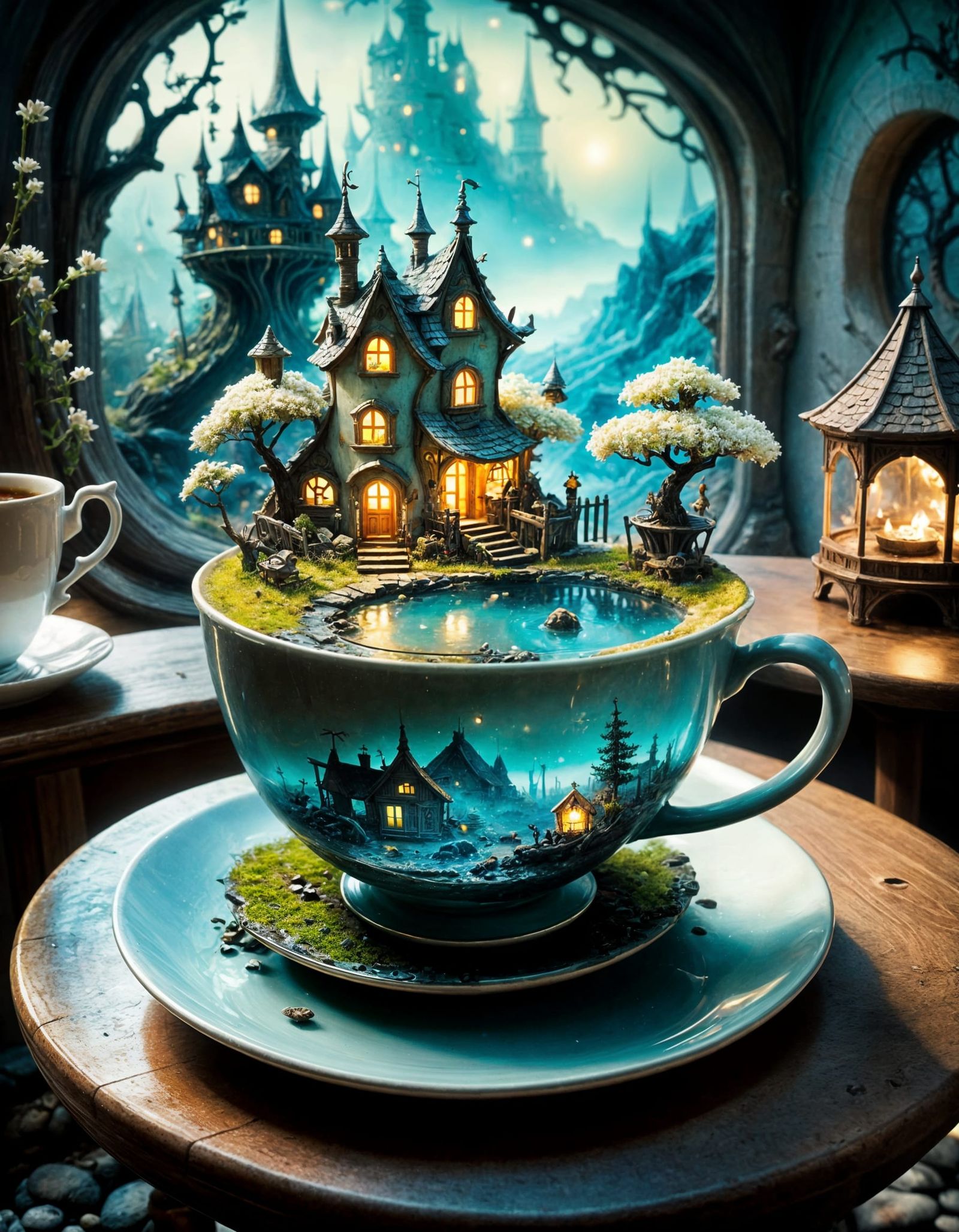 Miniature Fantasy Village Emerging from a Delicate Teacup