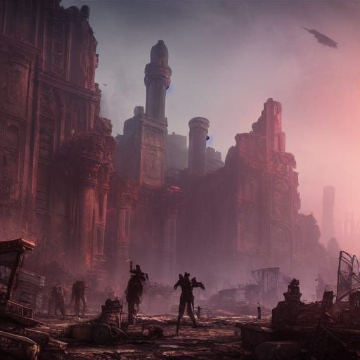 Cyberpunk Wasteland with Adventurers in a Fantastical Landsc...