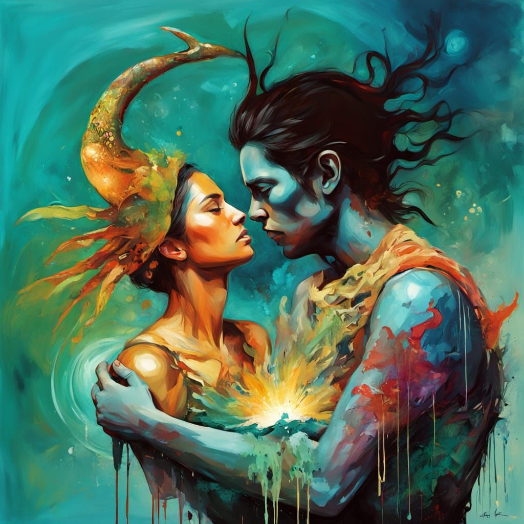 Lovers Amidst Vibrant Sea Creatures in Dynamic Splash Art