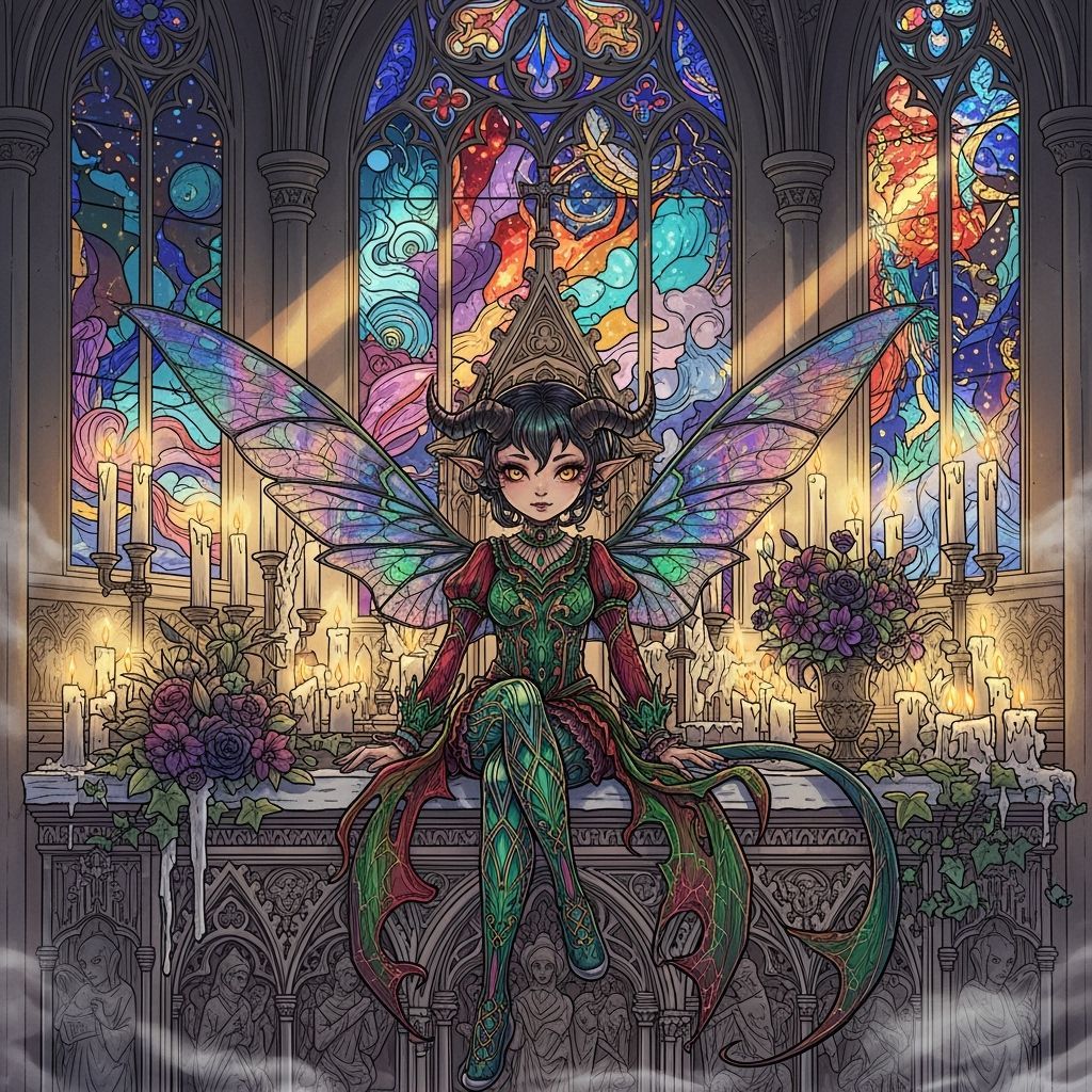 Impish Demon on Gothic Altar in Stained-Glass Style