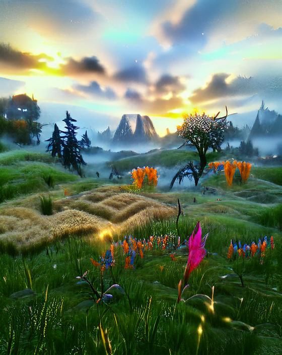 Elven Dawn in Lush Fields, Majestic Cyberpunk Landscape