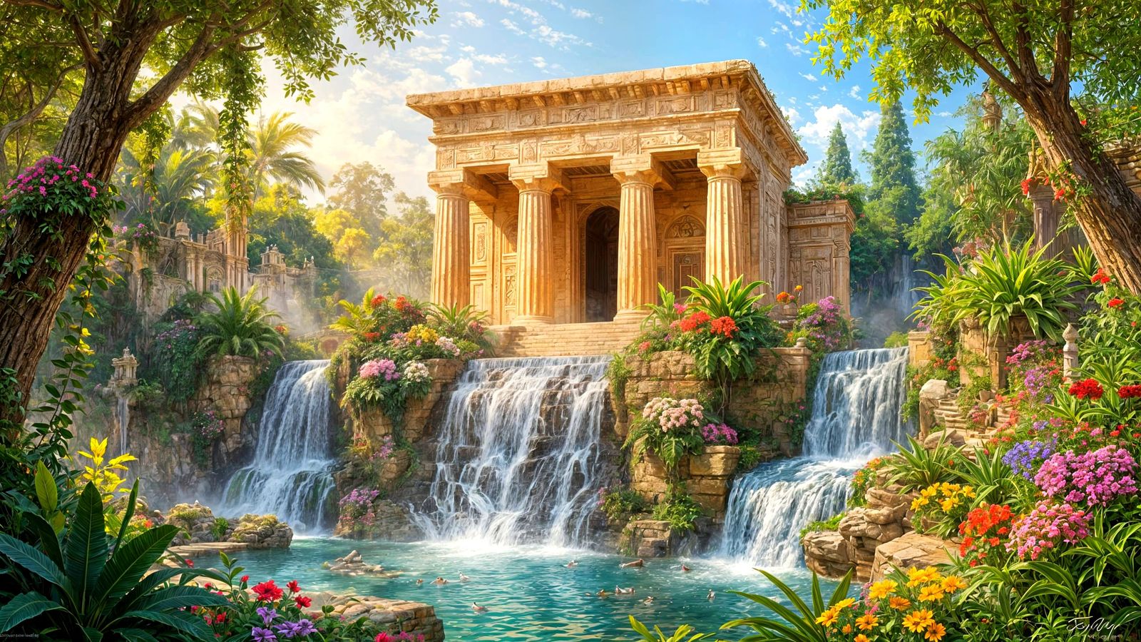 Hanging Gardens of Babylon in Ethereal Sunlight