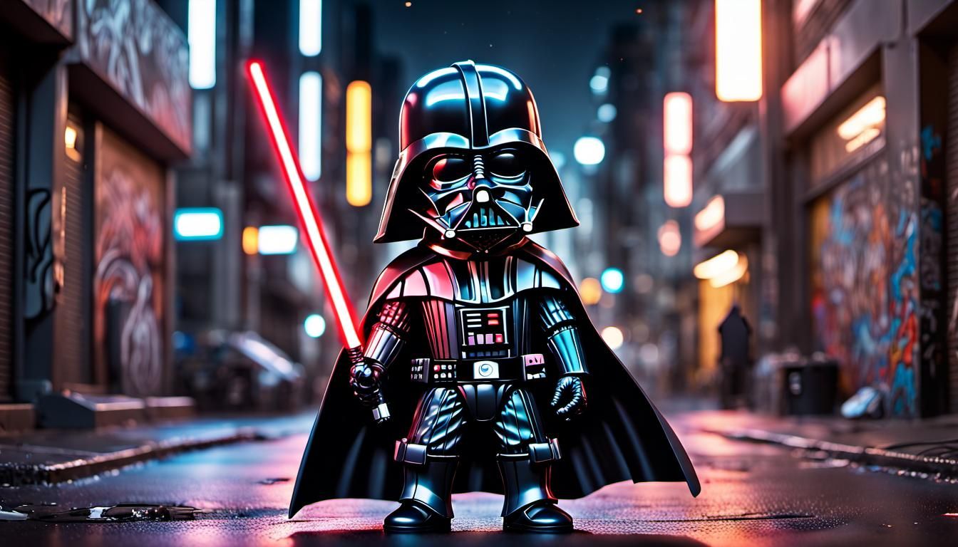 Cyberpunk Chibi Vader Illuminates Neon Cityscape