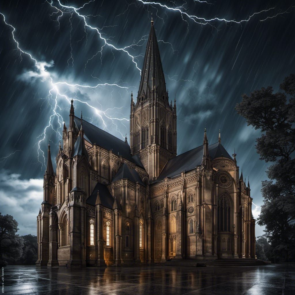 Gothic Church Under Stormy Moonlit Sky Illuminated by Lightn...