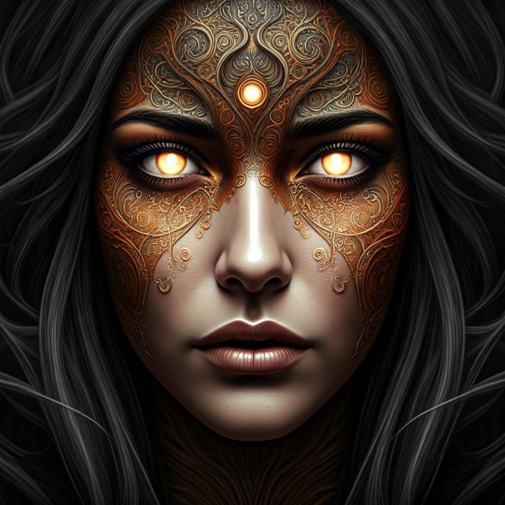 Ethereal Night Portrait with Astral Tattoos and Glowing Eyes