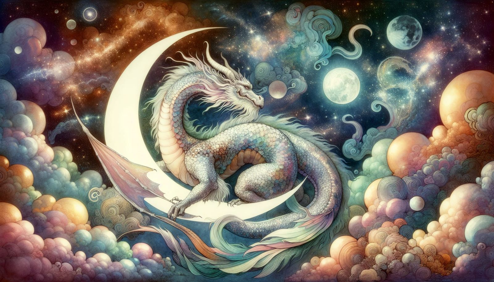 Pastel Dragon Coiled on Crescent Moon: Watercolor Illustrati...