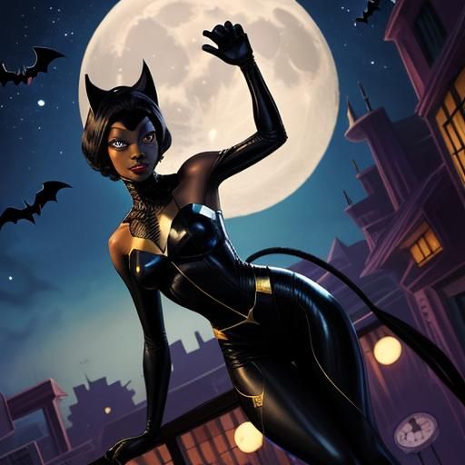 African Catwoman Under the Moonlit Sky in Smooth Comic Book...