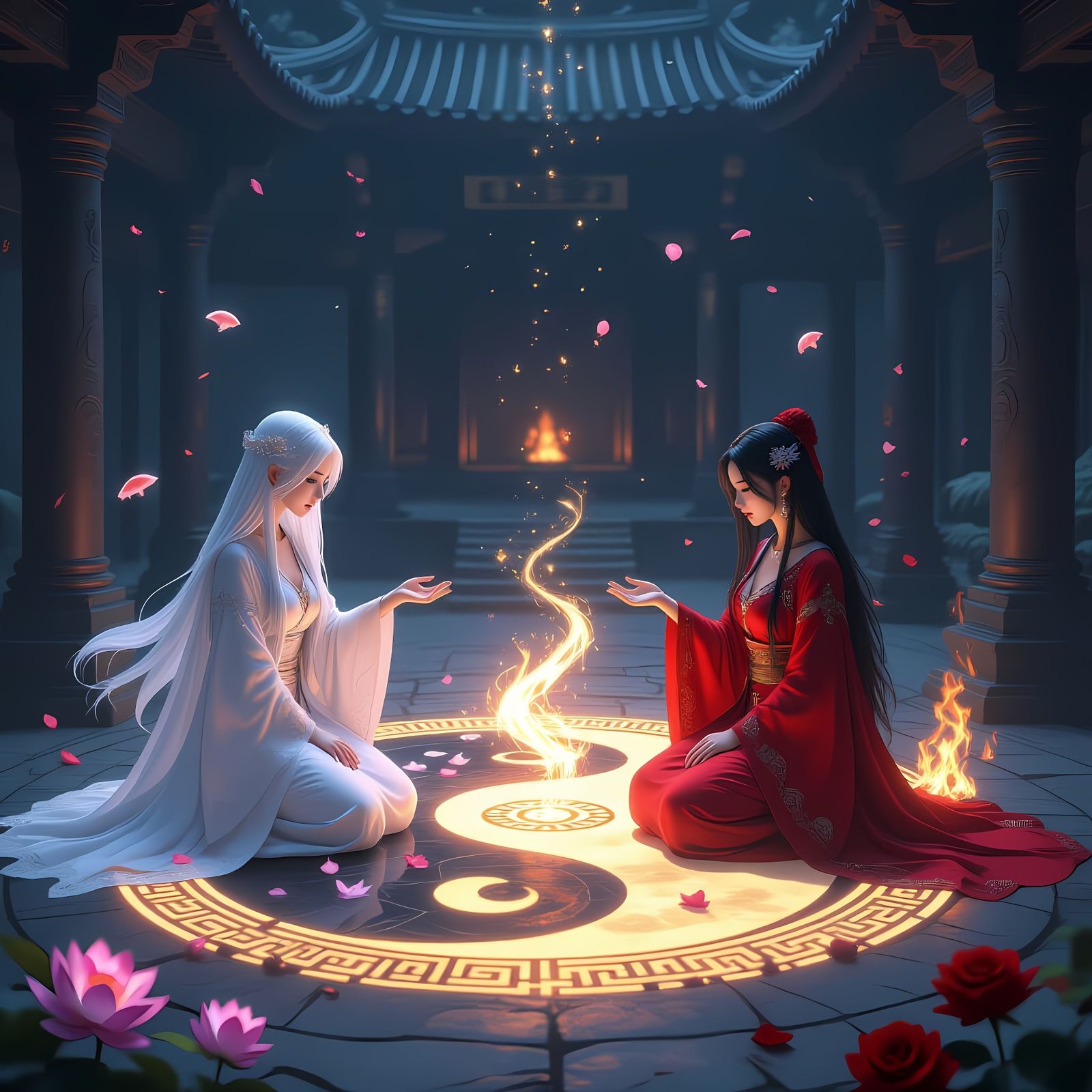 Priestesses at Yin-Yang Altar in Anime Style