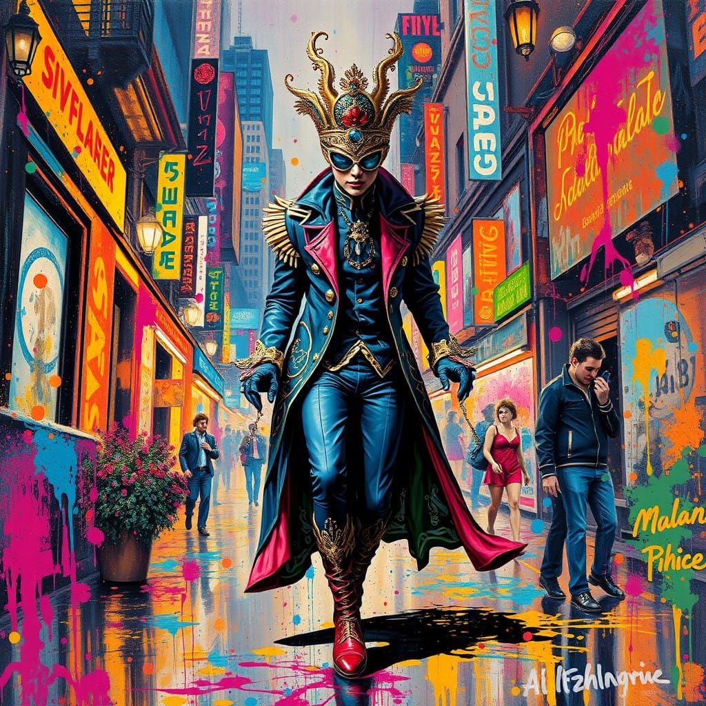 Surrealist Cityscape in Vibrant Street Art Style