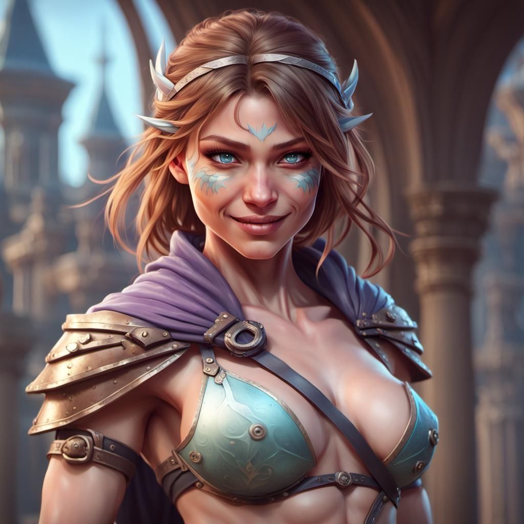 Surreal Concept Art Portrait of Fit and Muscular Huntress Ae...