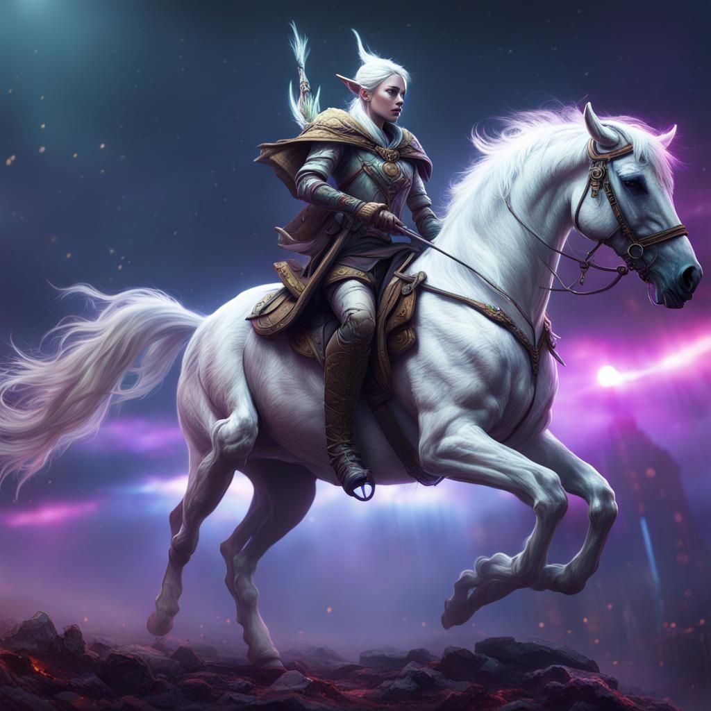 Cyberpunk Elf Ranger Soars on White Horse in Mysterious, Glo...
