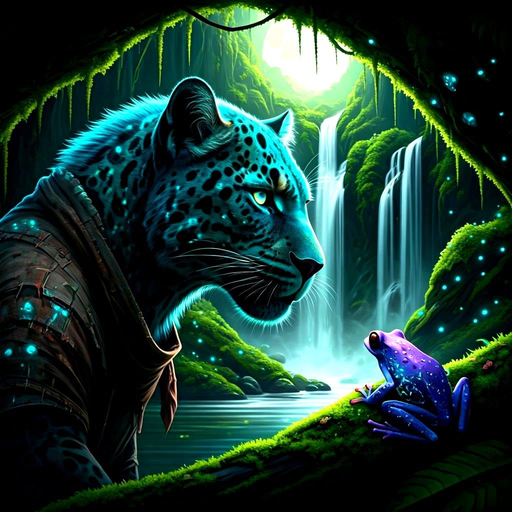 🐾🌙 🐸“Bioluminescent Panther-and-Frog: The Grotto Awakens”...
