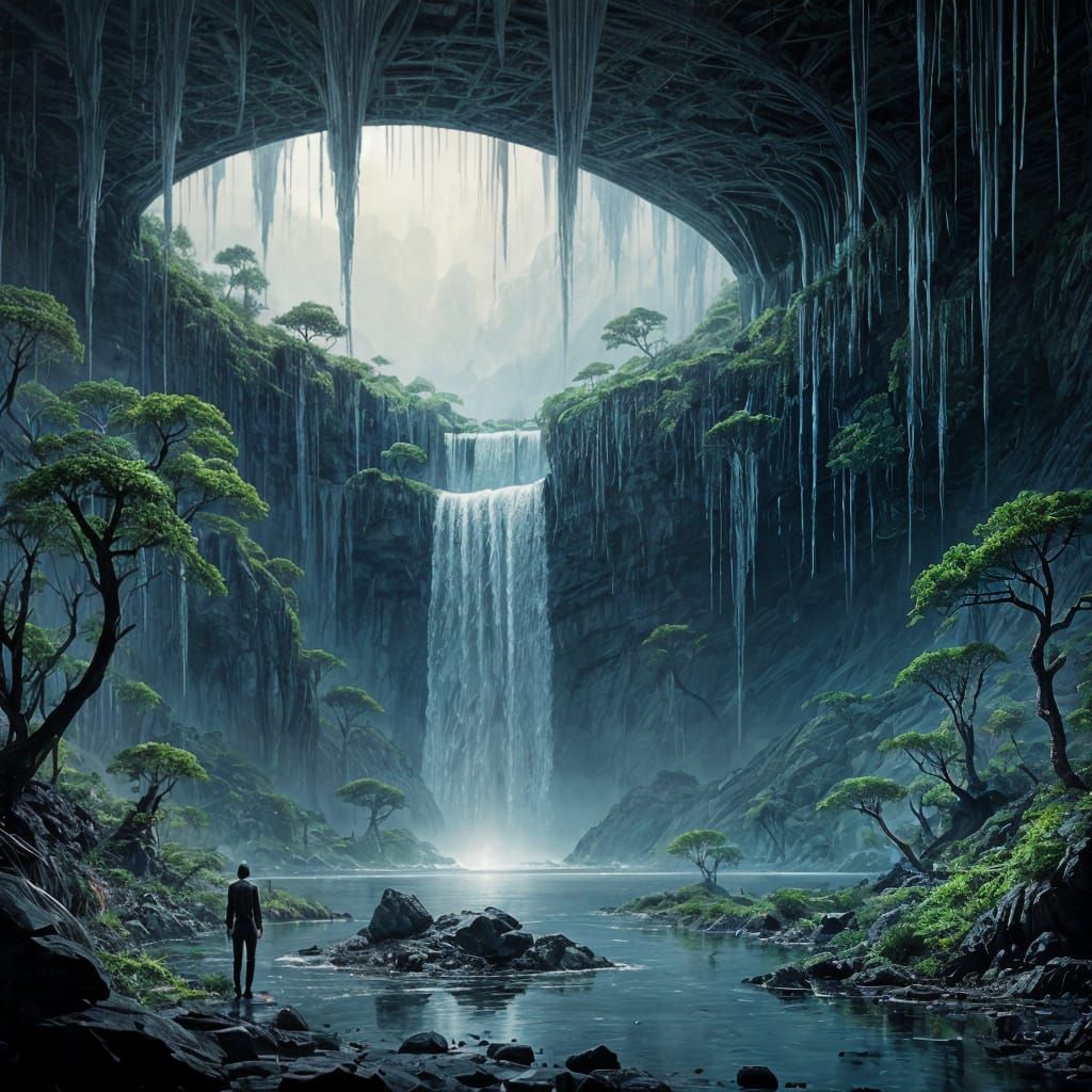 Crashed Spaceship Waterfall on Alien Jungle Planet