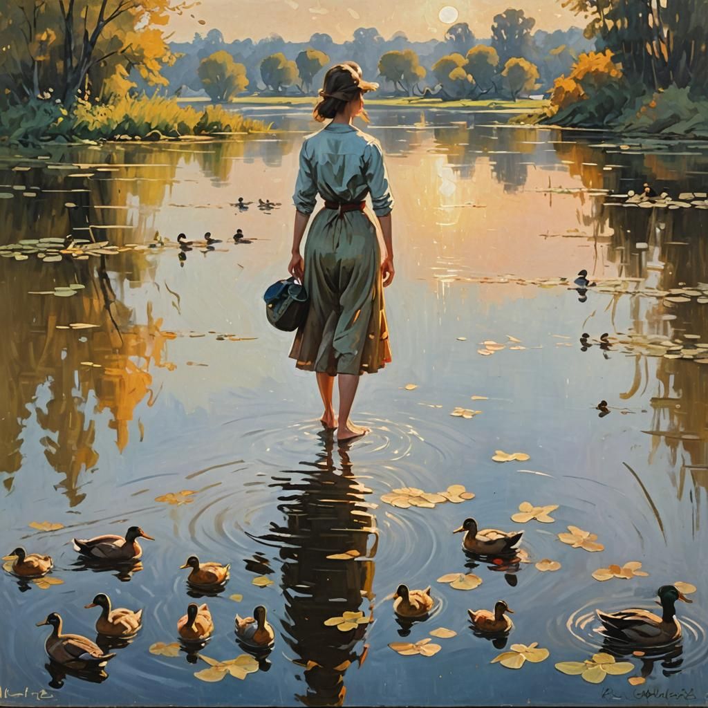 Serenely Standing Women by a Tranquil Lake in Soft Expressio...