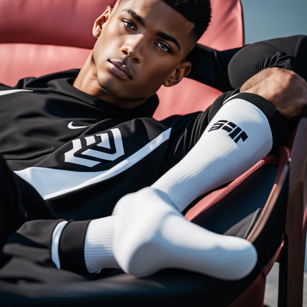 Lad Wear white socks, black tracksuit and relaxing in a chair